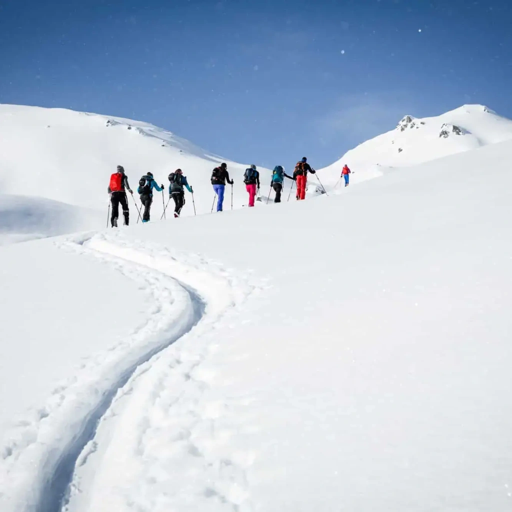 Gruppe von Skitourengehern auf verschneiter Fläche mit alpinem Hintergrund.